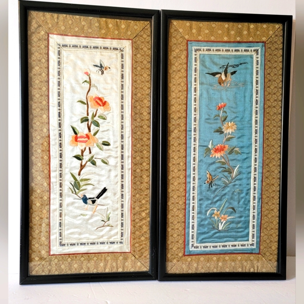 2 Vintage Chinese Embroidered Tapestry Silk Panel Framed Floral Butterfly Birds